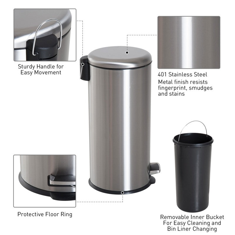 HOMCOM Foot Pedal Bin Stainless Steel Metal Waste Rubbish Lid Kitchen Garbage 30L Silver