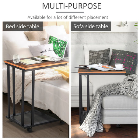 HOMCOM C Shaped Side Table Set of 2 with Wheels, Mobile End Table, Laptop Stand with Metal Frame and Storage Shelf, Rustic Brown