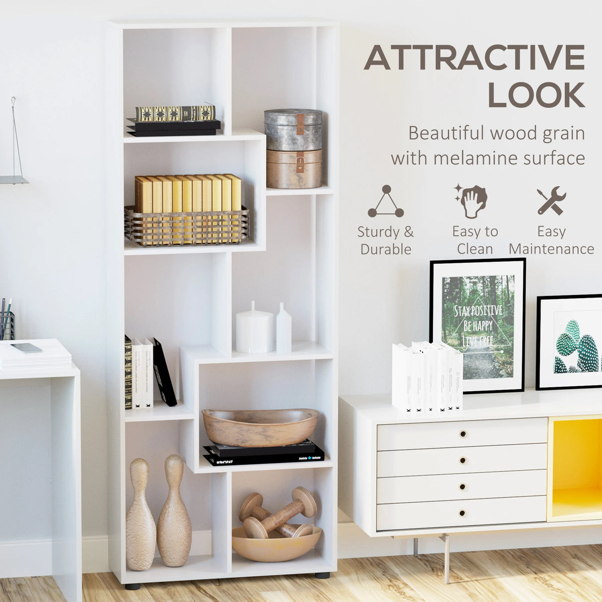 HOMCOM 8-Cube Bookcase, Tall Display Shelf, Standing Storage Rack for Study Room, Living Room, 70 x 24 x 178cm, White