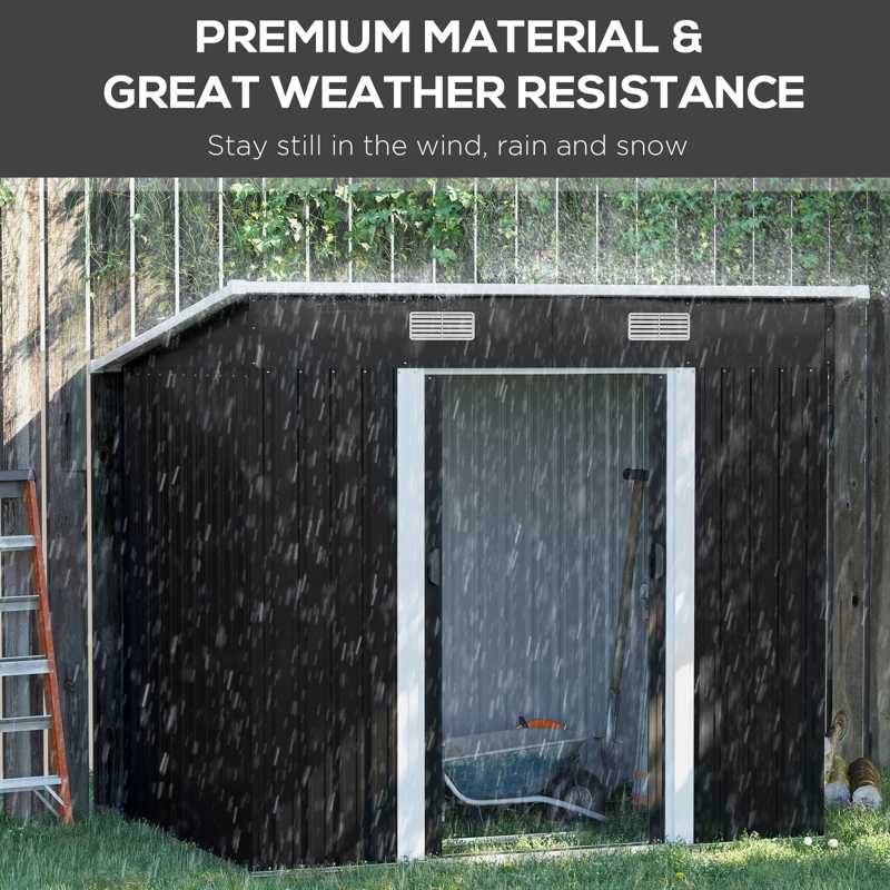 Outsunny 7 x 4ft Outdoor Storage Shed with Foundation Kit, Lean to Metal Garden Shed for Log, Rubbish Bin, Tool, Lawnmower, Bike, Patio and Lawn Use, Black