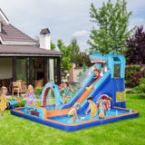 Outsunny 6 in 1 Shark-Themed Bouncy Castle, Inflatable Water Park, with Slide, Pool, Trampoline, Blower, for Ages 3-8 Years