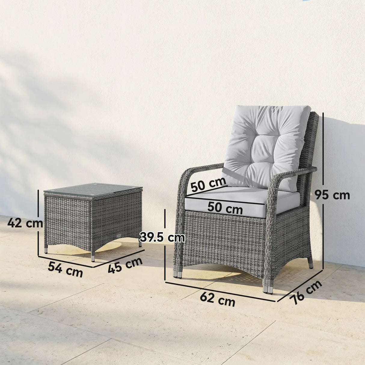 Outsunny 3 Pieces Rattan Bistro Set, Wicker Garden Furniture Set with Metal Frame, Cover, Glass Top Coffee Table, Light Grey