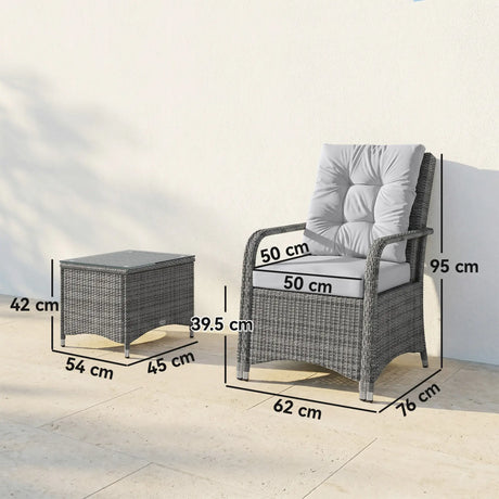 Outsunny 3 Pieces Rattan Bistro Set, Wicker Garden Furniture Set with Metal Frame, Cover, Glass Top Coffee Table, Light Grey