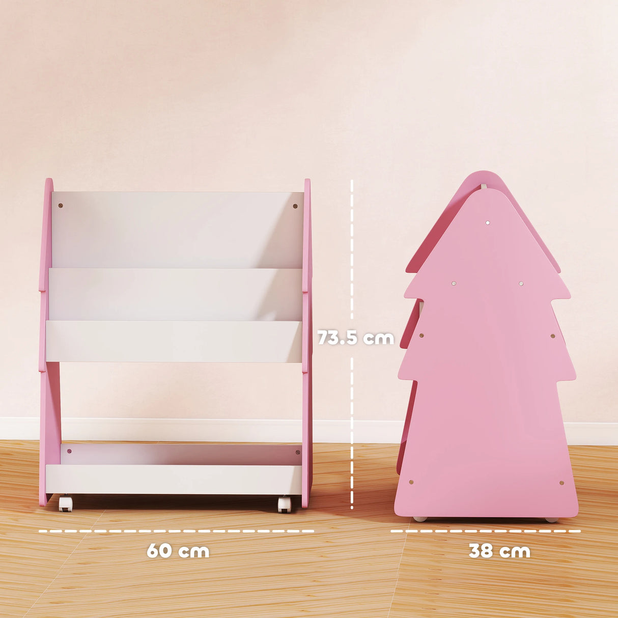 AIYAPLAY Kids Bookshelf with Toy Storage, Double-Sided Bookcase with Wheels, 3 Tier Kids Book Rack for Bedroom, Pink