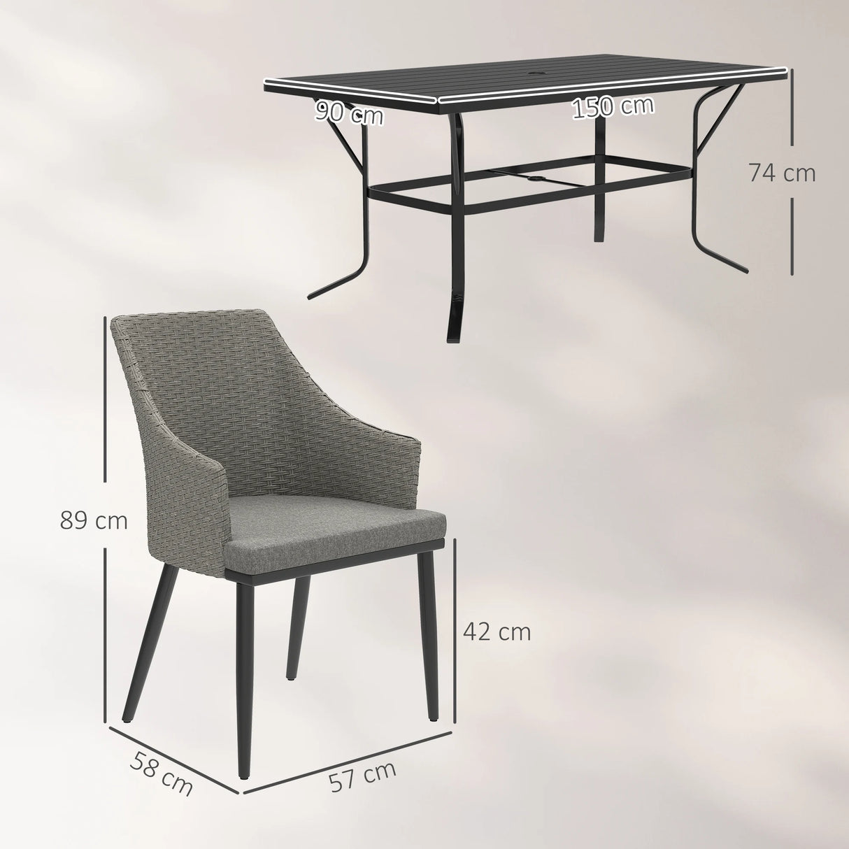 Outsunny 6 Seater Rattan Dining Set with Cushions, Garden Furniture Set with Armchairs, Rectangle Slatted Table Top, Steel Frame, Parasol Hole, Wicker Outdoor Furniture for Patio, Balcony, Grey
