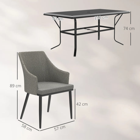 Outsunny 6 Seater Rattan Dining Set with Cushions, Garden Furniture Set with Armchairs, Rectangle Slatted Table Top, Steel Frame, Parasol Hole, Wicker Outdoor Furniture for Patio, Balcony, Grey