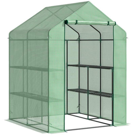 Outsunny Walk in Garden Greenhouse with Shelves Polytunnel Steeple Green house Grow House Removable Cover 143x138x190cm, Green