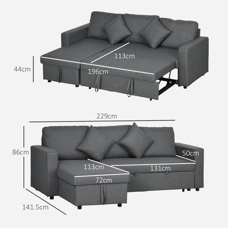 HOMCOM 3 Seater Pull Out Sofa Bed with Storage, Pre-Assembled & Delivered to Your Home for Free, Dark Grey