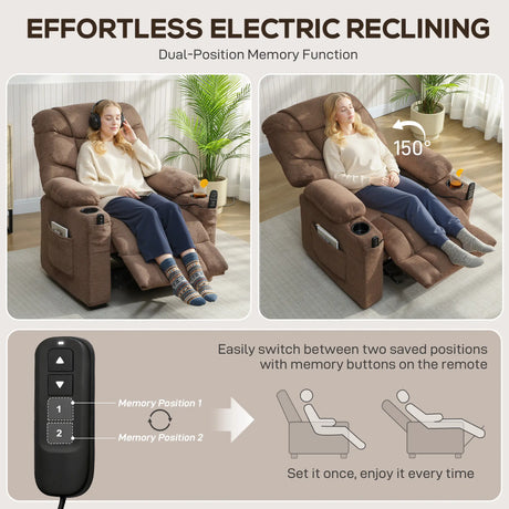 HOMCOM Electric Massage Recliner Armchair with Vibration, Heat, Whisper-Quiet Motor, Memory Function, Fleece Power Reclining Chair with Spring Pack, USB Port, Footrest, Side Pocket, Cup Holders, Brown