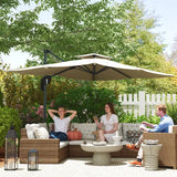 Outsunny 3.7 x 2.7 m Cantilever Parasol w/ 360 Rotation and Easy Tilt Adjustment, Aluminium Hanging Offset Outdoor Umbrella w/ Double Top and Cross Base, UPF50+ Hanging Sun Shade, Grey Wood Effect