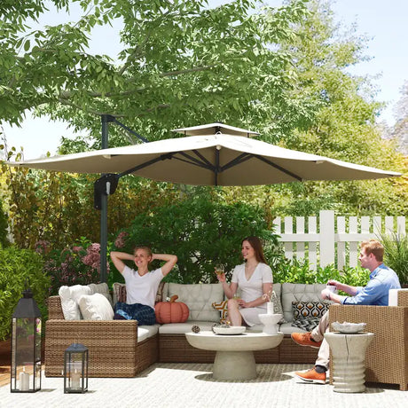 Outsunny 3.7 x 2.7 m Cantilever Parasol w/ 360 Rotation and Easy Tilt Adjustment, Aluminium Hanging Offset Outdoor Umbrella w/ Double Top and Cross Base, UPF50+ Hanging Sun Shade, Grey Wood Effect