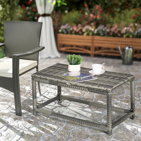 Outsunny Outdoor Coffee Table, Garden PE Rattan Side Table with Plastic Board Under the Full Woven Table Top and Rectangular Frame for Patio, Balcony, Mixed Grey