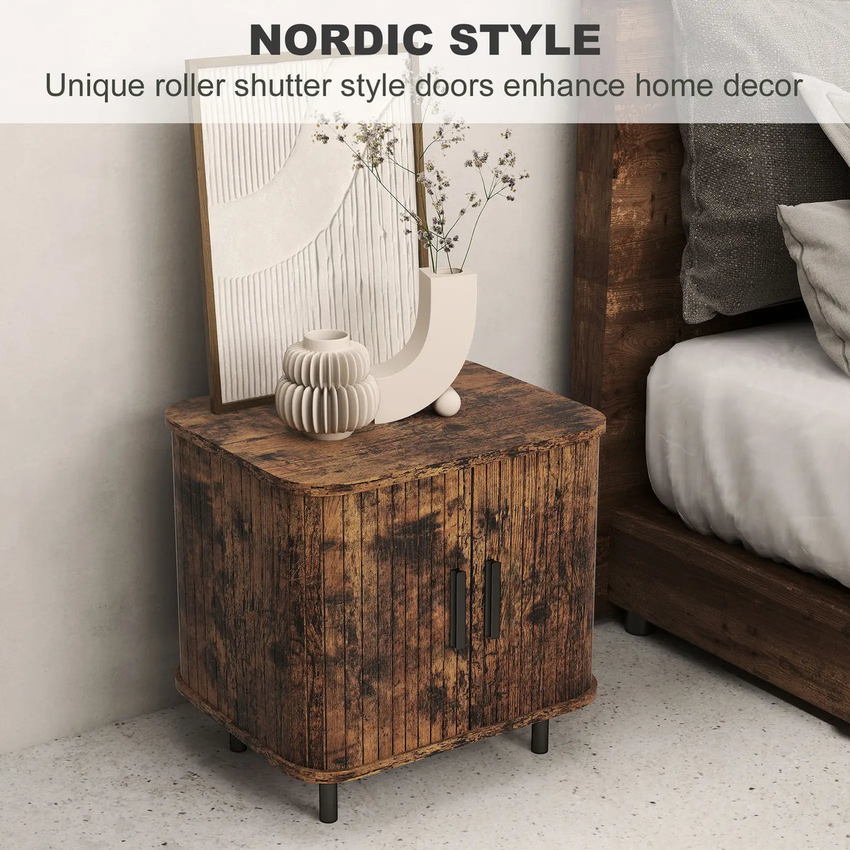 HOMCOM Bedside Table, Nordic Side Table with Roller Shutter Style Sliding Doors and Metal Legs for Bedroom, Living Room, Rustic Brown