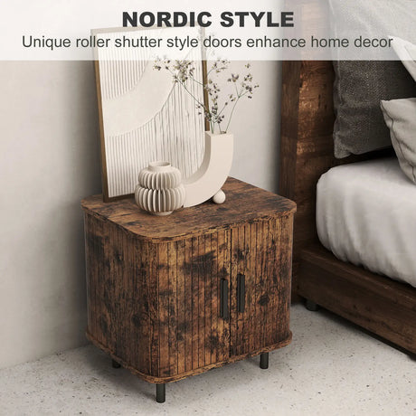 HOMCOM Bedside Table, Nordic Side Table with Roller Shutter Style Sliding Doors and Metal Legs for Bedroom, Living Room, Rustic Brown