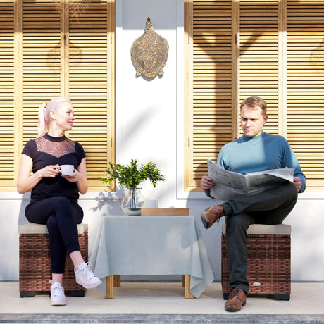 Outsunny Set of 2 Rattan Storage Ottoman, Outdoor Footstool with Removable Cushions, Garden Storage Seat for Balcony, Porch, Living Room, Beige