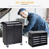 DURHAND Tool Chest 2 in 1 Metal Tool Cabinet Storage Box with 5 Drawers Pegboard Wheels 60x28x104.5cm Black