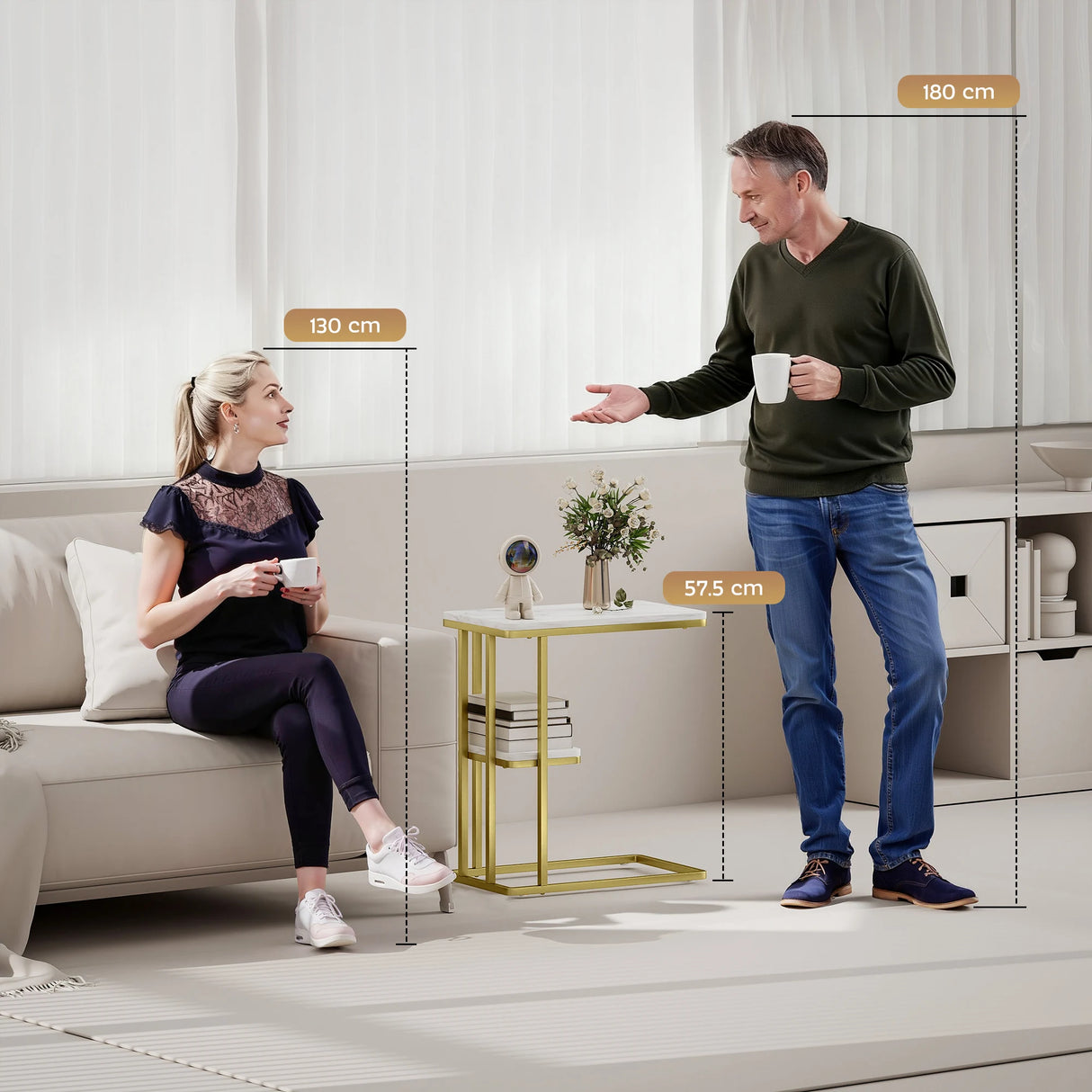 HOMCOM C-Shaped Narrow Side Table, 2-Tier Slim End Table, Nightstand for Small Spaces, Living Room, Bedroom, White Marble Grain