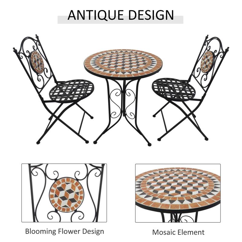 Outsunny 3 PCs Garden Mosaic Bistro Set Outdoor Patio 2 Folding Chairs & 1 Round Table  Outdoor Furniture Vintage