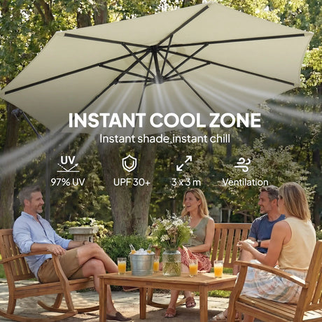 Outsunny 3 m Garden Cantilever Parasol with Cross Base, Sandbag, 360 Rotating Overhanging Banana Umbrella, Beige