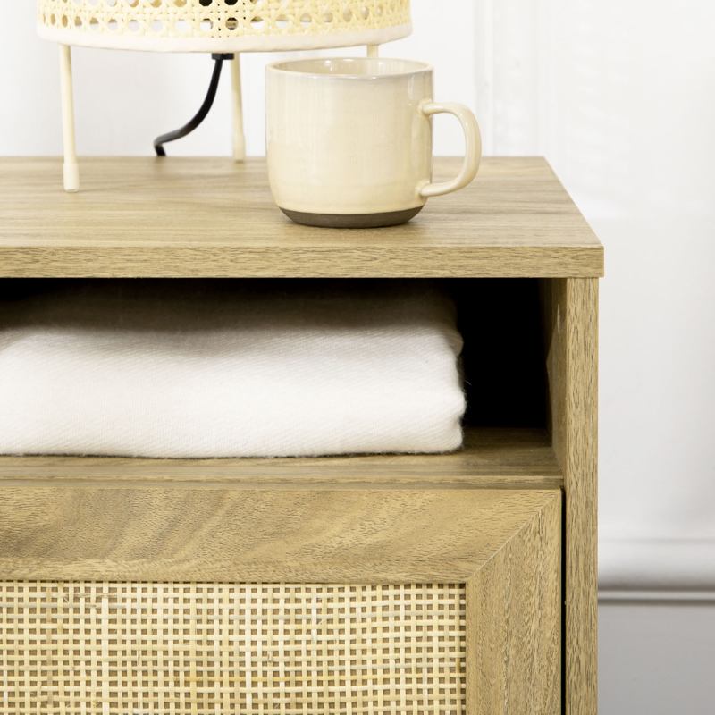 HOMCOM Bedside Table with Rattan Element, Side End Table with Shelf and Cupboard, 39cmx35cmx60cm, Natural