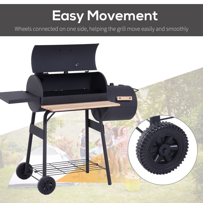 Outsunny Portable Charcoal BBQ Grill, Cold-rolled Steel, Solid Wood, 104H x 124L x53W cm-Black