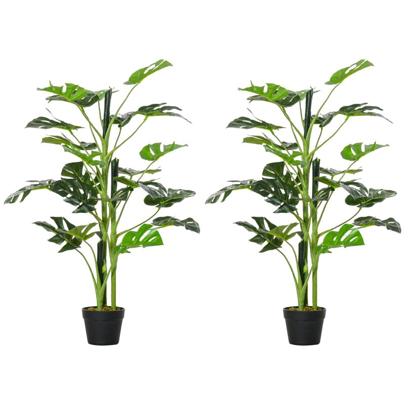 Outsunny 100cm/3.3FT Artificial Monstera Tree Decorative Cheese Plant 21 Leaves with Nursery Pot, Fake Tropical Palm Tree for Indoor Outdoor Décor, Set of 2