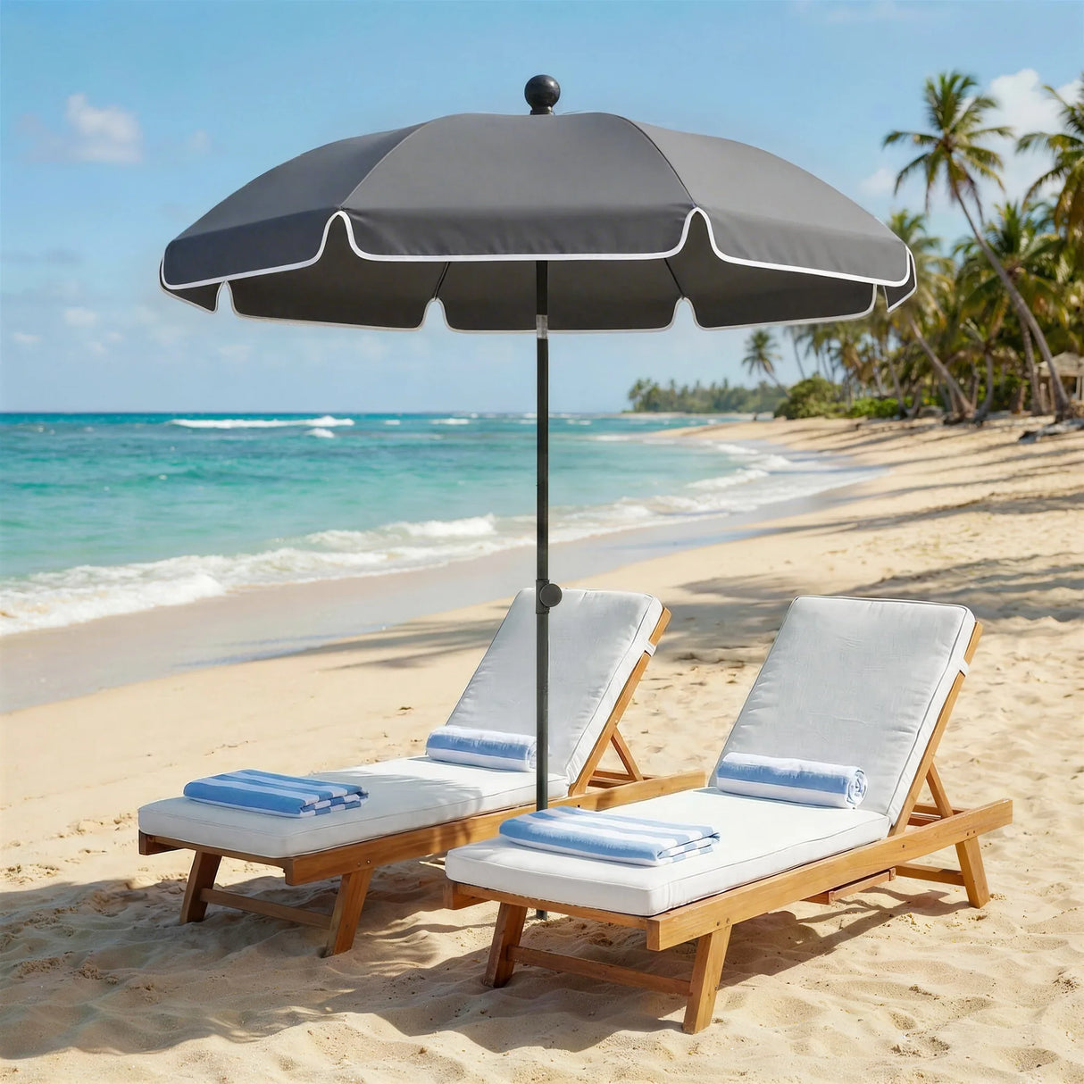 Outsunny 1.8 m Beach Umbrella Parasol with Sand Anchor, Portable 30 Tilting Patio Sun Shade with Adjustable Height, Dark Grey