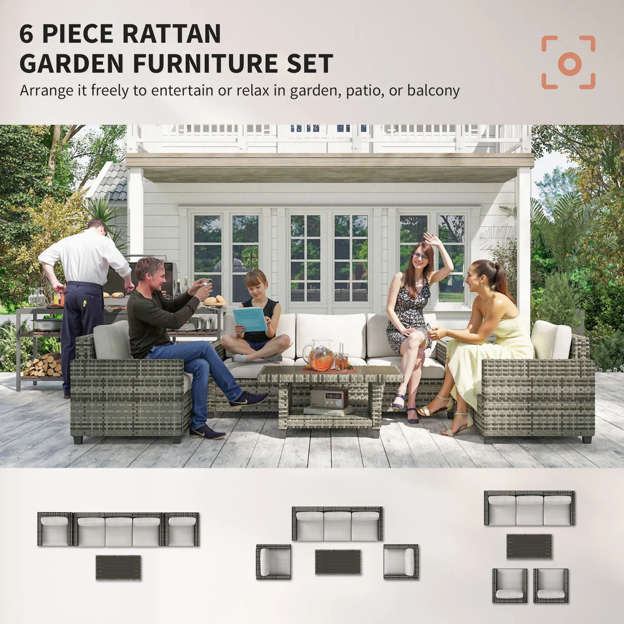 Outsunny Six-Piece Modular Rattan Sofa Set - Light Grey