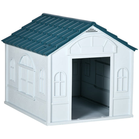 PawHut Plastic Weather-Resistant Dog House, for Indoors and Outdoors, Large Dogs - White and Blue