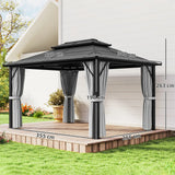 Outsunny 3 x 4m Hardtop Gazebo Canopy with UPF30+ Double Polycarbonate Roof, Aluminium Frame Garden Gazebo Permanent Pavilion with Mosquito Netting and Curtains for Patio, Deck, Grey