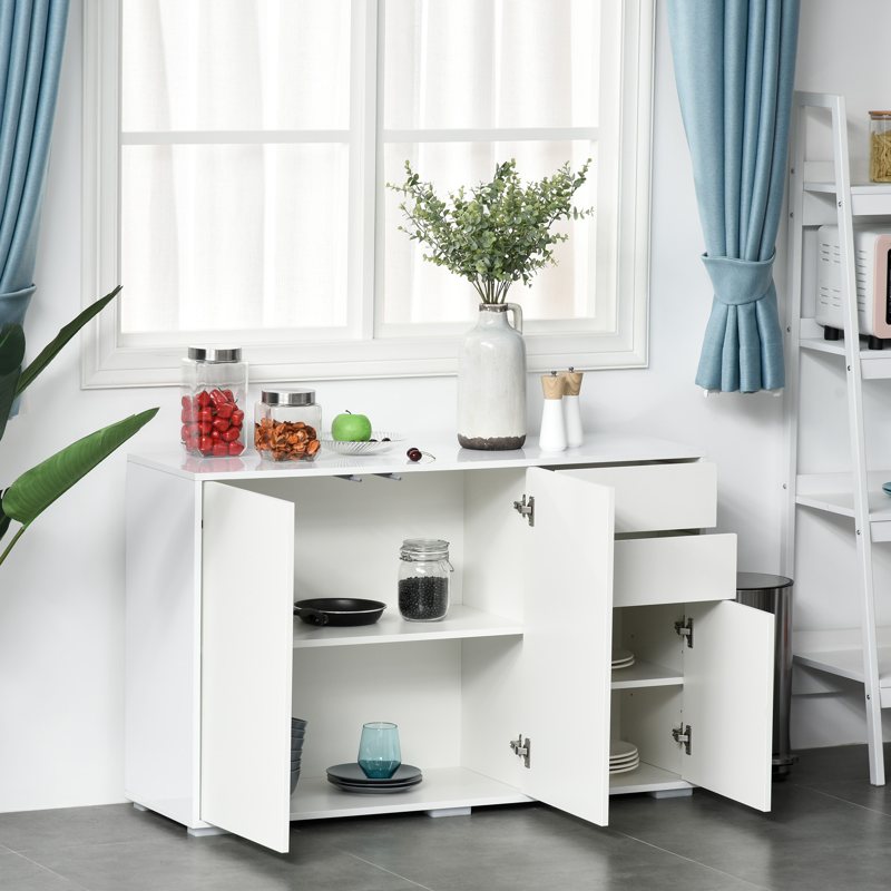 HOMCOM High Gloss Side Cabinet, Push-Open Design with 2 Drawers and 2 Cabinets for Living Room, 74H x 117W x 36Dcm, White