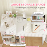 AIYAPLAY Rabbit-Themed Kids Desk and Chair Set with Bookcase, Drawers, Shelves, for Ages 3-6 Years, Whtie/Pink