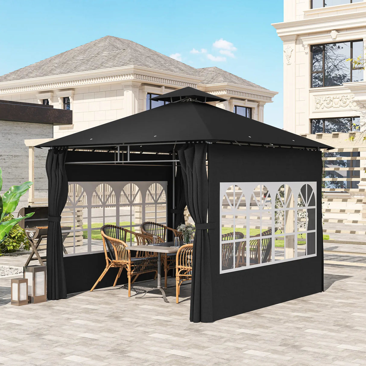 Outsunny 3 x 3 m Garden Gazebo, Double Roof Metal Gazebo with Removable Sidewalls and Church Windows, Outdoor Canopy Shelter, Black