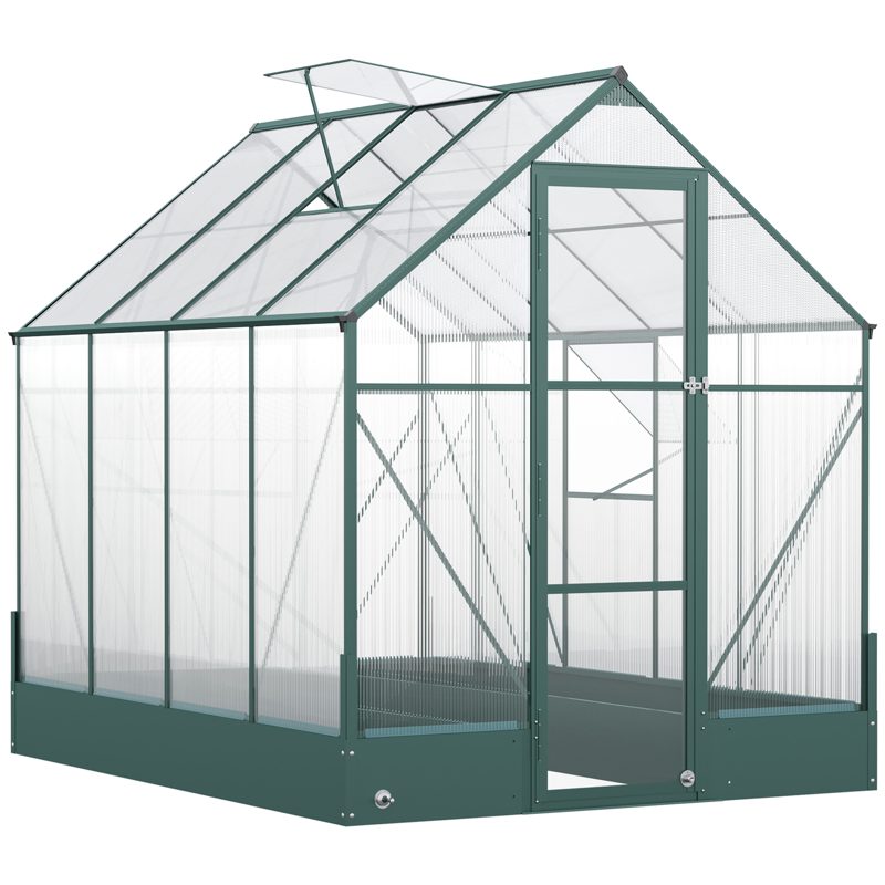 Outsunny 6x8 FT Polycarbonate Greenhouse with Base and Raised Bed, Walk-in Greenhouse with Aluminium Frame, Temperature Controlled Window, Foundation for Plants, Flowers, Vegetable