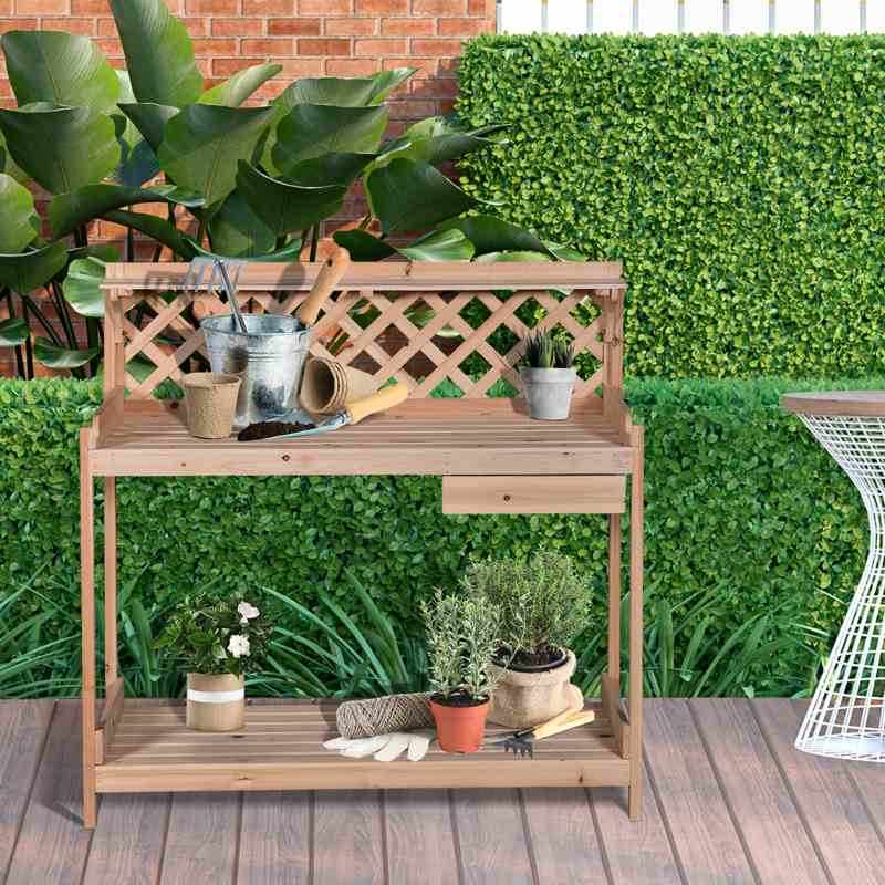 Outsunny Wooden Garden Potting Table with Drawer Flower Plant Work Bench Workstation Tool Storage Shelves Outdoor Grid