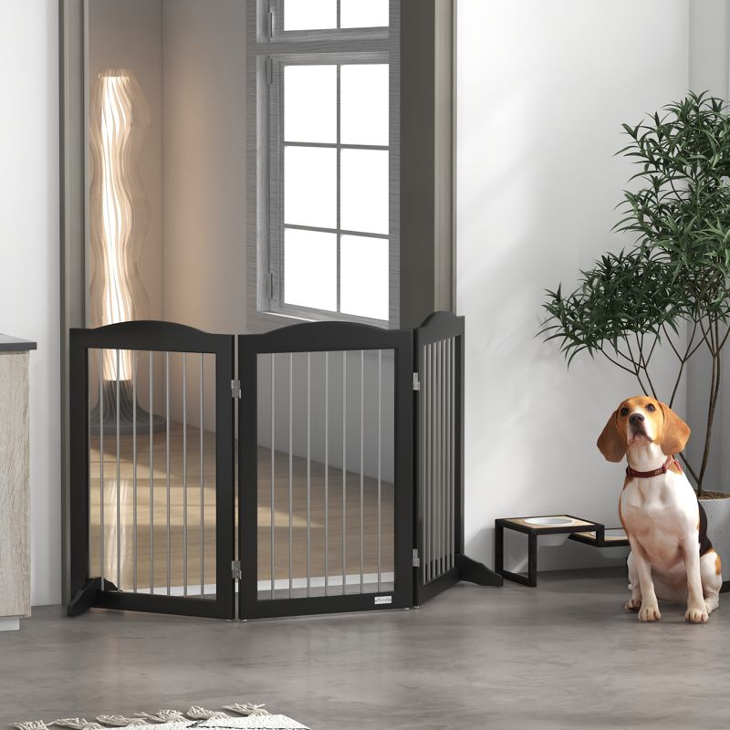 PawHut Foldable Dog Gate, Freestanding Pet Gate, with Two Support Feet, for Staircases, Hallways, Doorways - Black