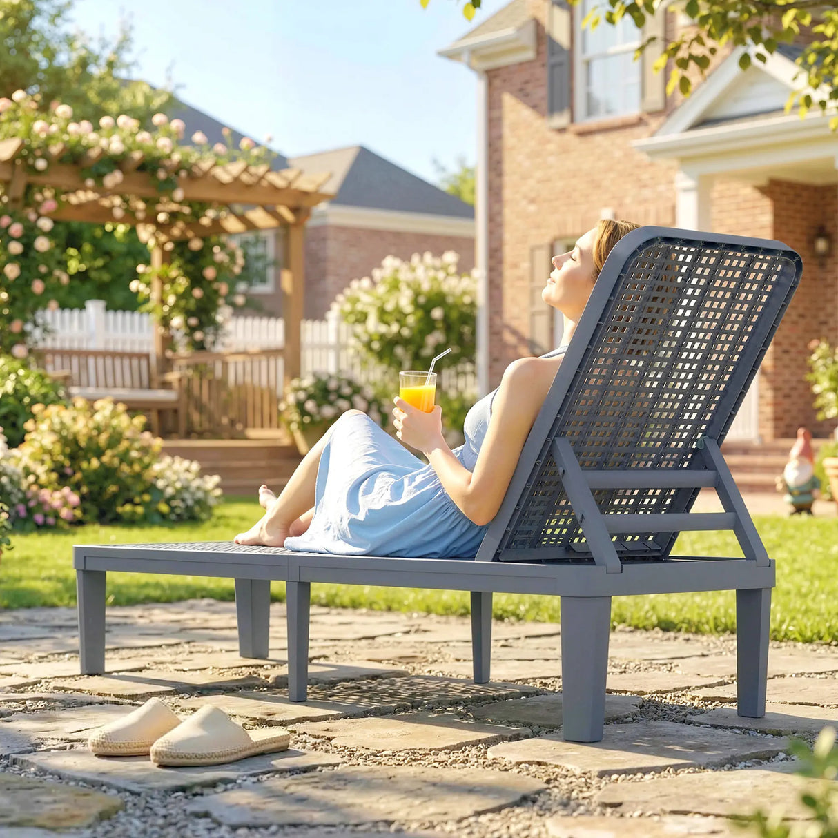 Outsunny Plastic Sun Lounger, 4-Position Adjustable Reclining Garden Lounger Sunbed for Patio, Beach, Terrace, Dark Grey