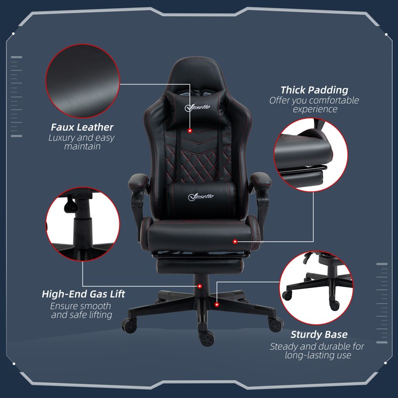 Vinsetto Computer Gaming Chair with Footrest, Video Gaming Chair for Adults with 130° Reclining Back, Desk Chair with Lumbar Support and Adjustable Height, Black Red