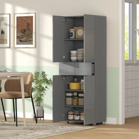 HOMCOM Storage Cabinet, Kitchen Cupboard with 3 Adjustable Shelves, 60L x 35W x 170H cm, High Gloss Grey