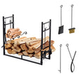 Outsunny Metal Firewood Log Holder Indoor Outdoor Firewood Rack Fireplace 2 Tier Wood Storage Shelf with 4 Tools, Hooks, Scrolls, Black, 84W x 33D x 76H cm