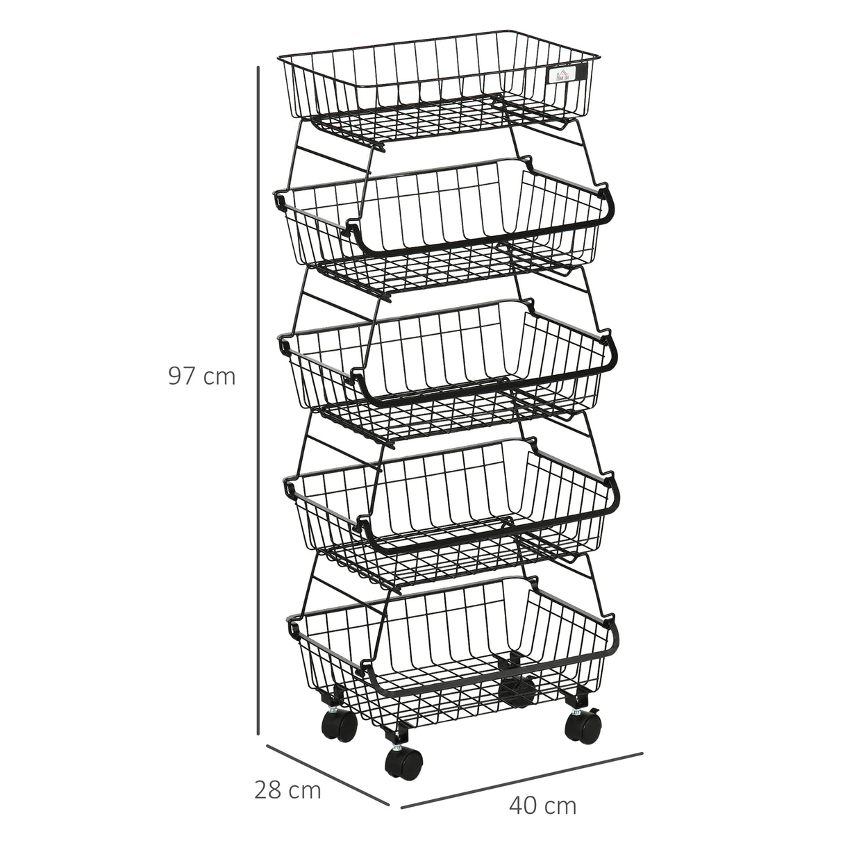HOMCOM 5 Tier Storage Trolley, Stackable Fruit Vegetable Cart for Kitchen, Living Room, 40 x 2 x 97 cm, Black