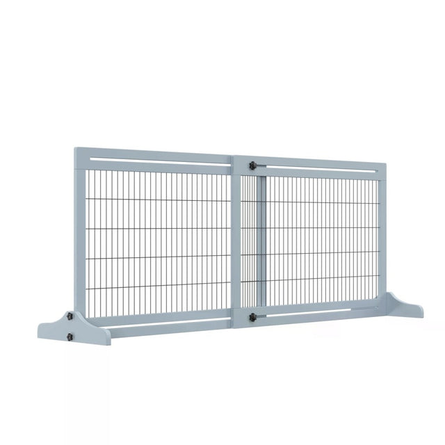 PawHut Freestanding Dog Gate, Foldable Pet Fence, Indoor Wood Barrier, Stair Gate with Support Feet, for Doorway, Hallway, Small and Medium Dogs, 69H x 104-183 cm, Blue-grey