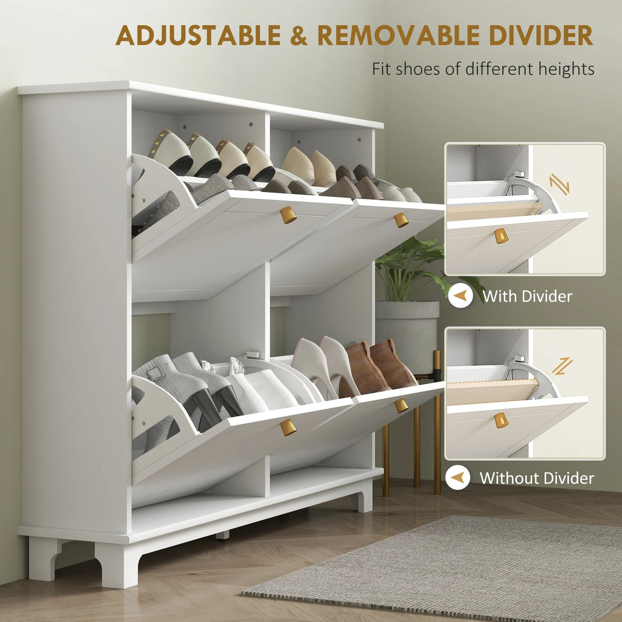HOMCOM Narrow Shoe Storage Cabinet, Slim Shoe Cabinet with 4 Flip Drawers, Adjustable Shelves for 16 Pairs of Shoes, White