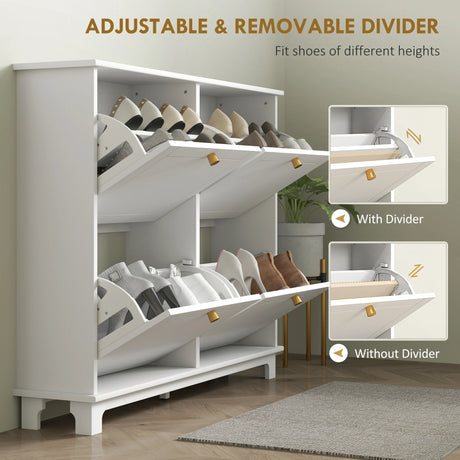 HOMCOM Narrow Shoe Storage Cabinet, Slim Shoe Cabinet with 4 Flip Drawers, Adjustable Shelves for 16 Pairs of Shoes, White