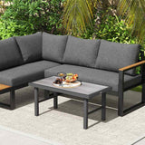 Outsunny Metal Garden Coffee Table, Outdoor Side Table with SPC Woodgrain Tabletop for Outside, Garden, Balcony, Porch, 100 x 53 x 46cm, Grey Wood Effect