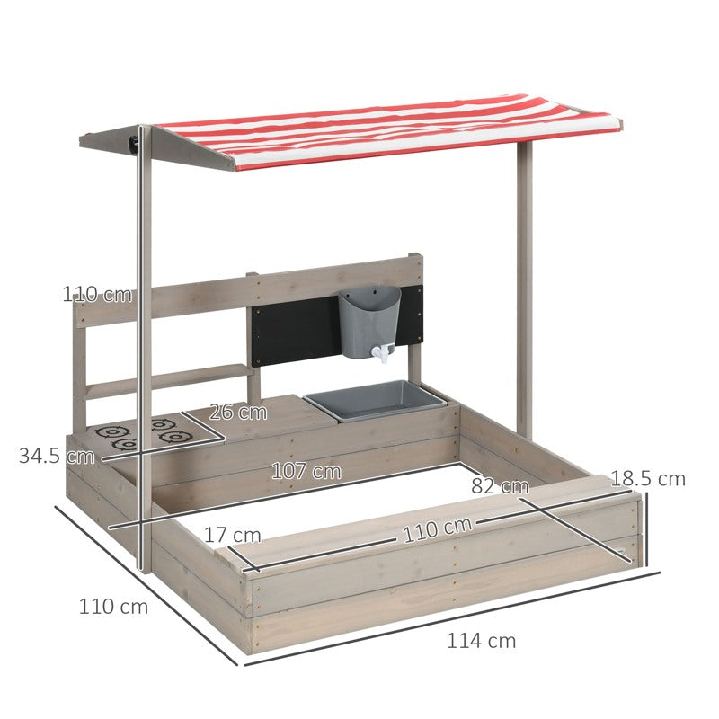 Outsunny Kids Wooden Sandbox w/ Canopy, Kitchen Toys, Seat, Storage, for Ages 3-7 Years