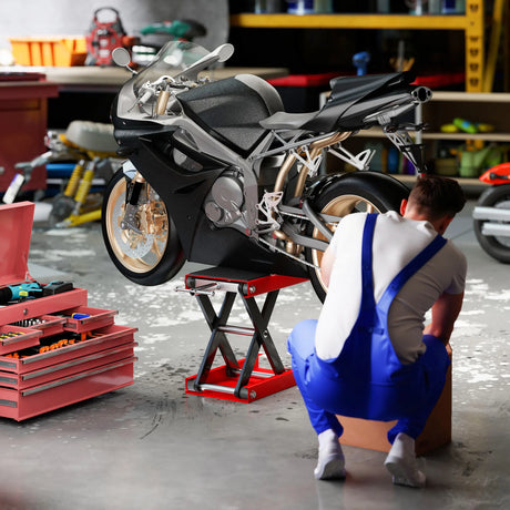 DURHAND 500KG Motorcycle Lift Scissor Jack, Height Adjustable Motorbike Stand with Anti-Slip Wide Deck, Heavy Duty Steel Motorbike Repair Lift Hoist Stand for Home Garage, Red