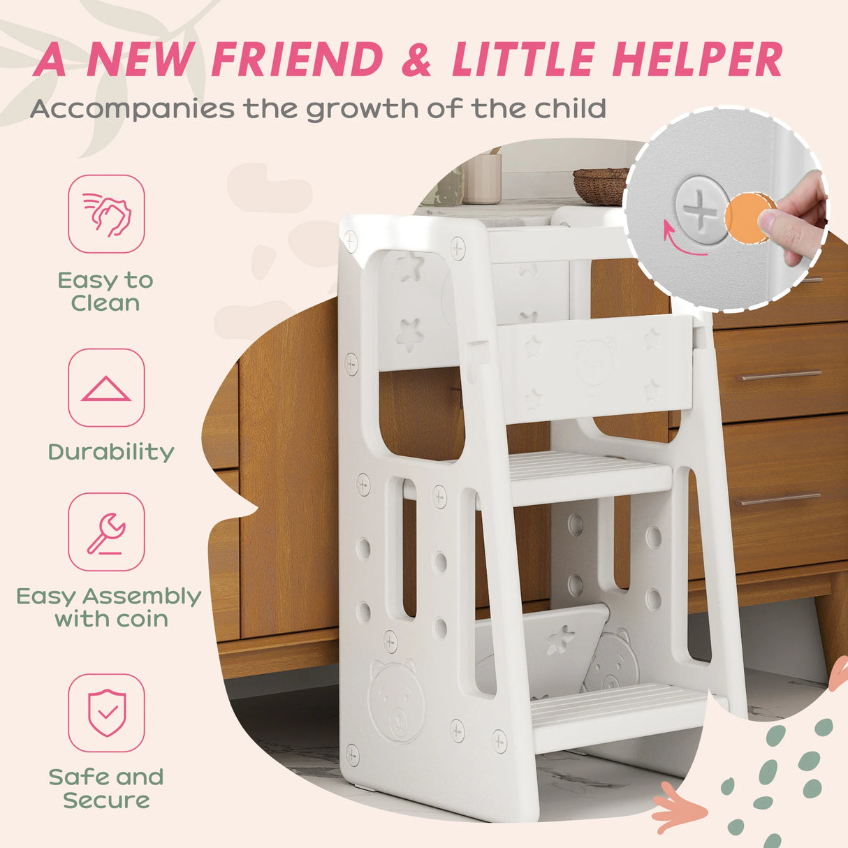 HOMCOM Kids Step Stool, Adjustable Standing Platform, Toddler Kitchen Stool, White