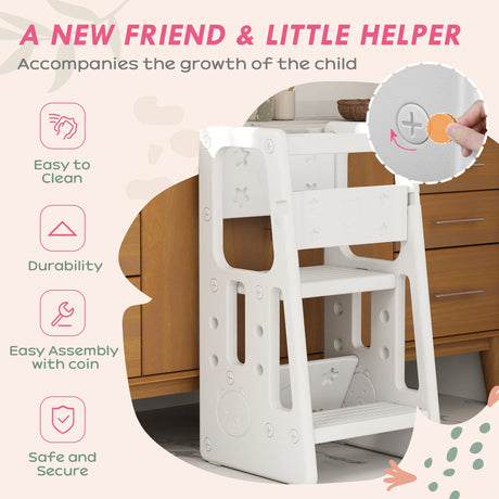 HOMCOM Kids Step Stool, Adjustable Standing Platform, Toddler Kitchen Stool, White