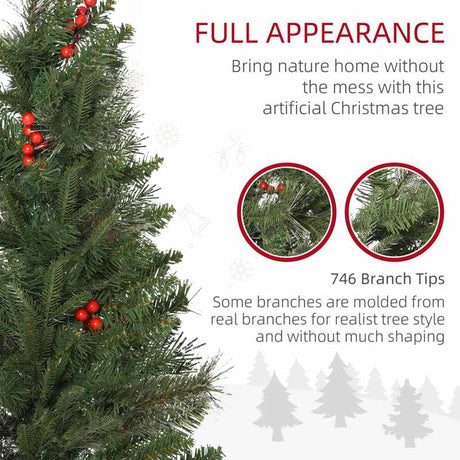 HOMCOM 7ft Pencil Artificial Christmas Tree with Realistic Branches, Red Berries, Auto Open, Green